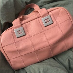 CHANEL Pink Quilted Caviar Leather Satchel with Silver Logos